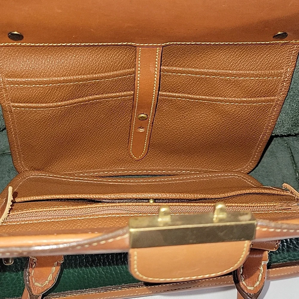 Vintage Dooney & Bourke Green Pebbled Leather Satchel with Tan Trim and Handles